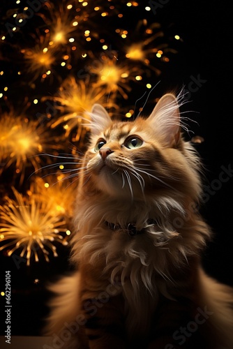 Frightened panic cat in front of fireworks