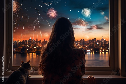 Woman and cat watching fireworks from window together
