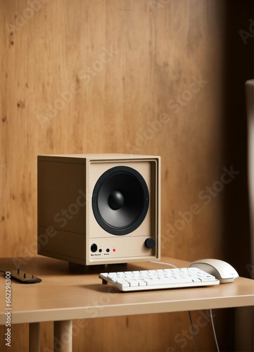 A stunning, sleek beige micro ITX case designed by Dieter Rams, BRAUN. Product ad retro. industrial design inspiration. Unreal engine render, natural lighting, on desk, beautiful shot photo