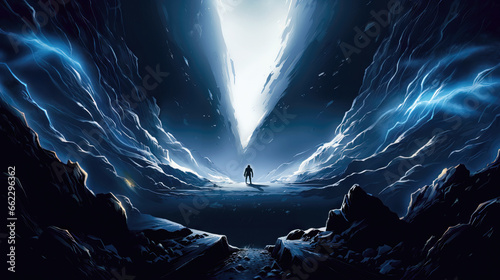 Surreal scene of a man in the middle of a dark cave with snow #662296362