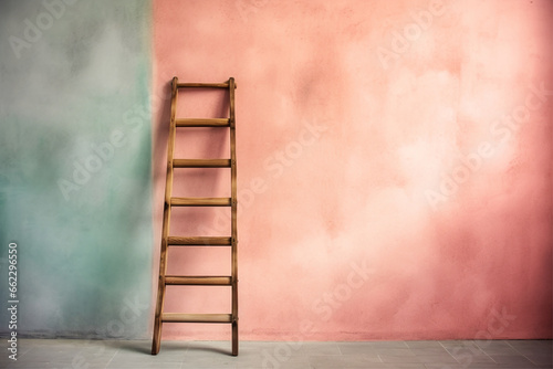 Wooden ladder beside the wall, pastel color background.