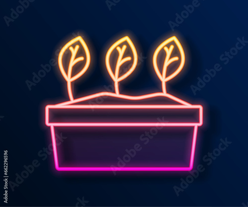 Glowing neon line Plant in pot icon isolated on black background. Plant growing in a pot. Potted plant sign. Vector