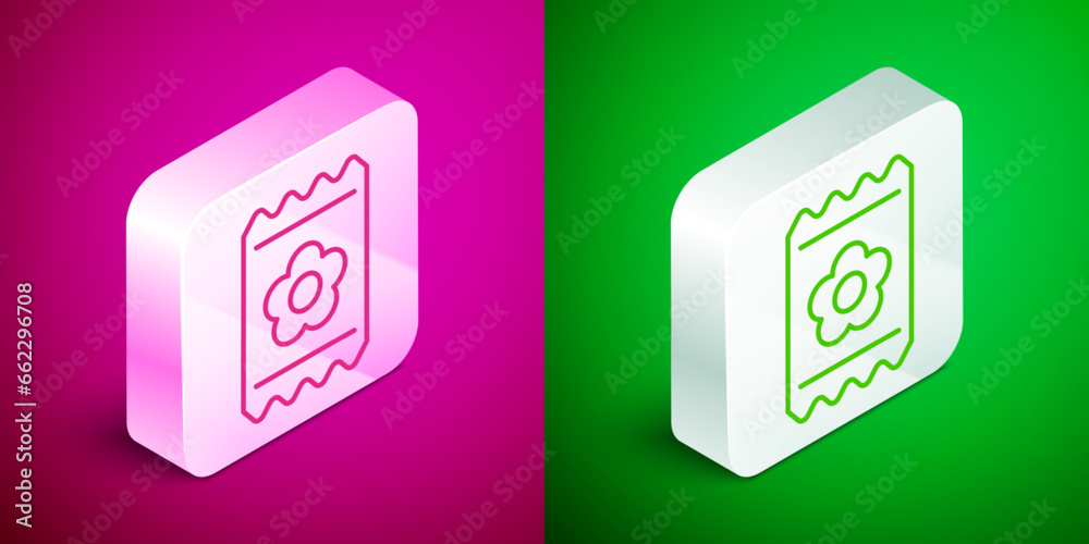 Isometric line Pack full of seeds of a specific plant icon isolated on pink and green background. Silver square button. Vector Isometric line Pack full of seeds of a specific plant icon isolated on pink and green background. Silver square button. Vector