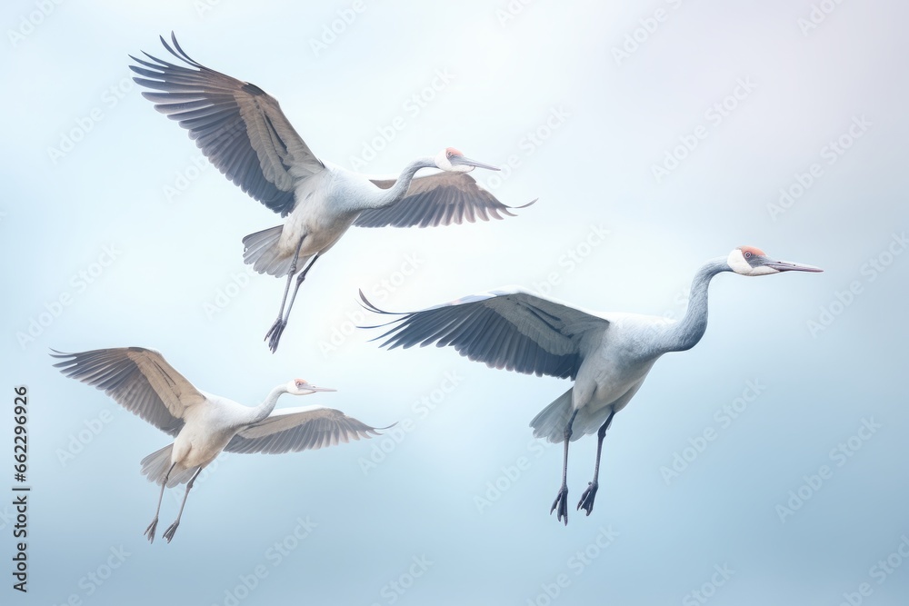 Obraz premium a picturesque photo of several tall white birds sandhill cranes with big wings and long necks flying in the gradient sky
