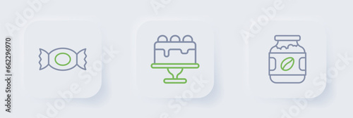 Set line Coffee jar bottle, Cake and Candy icon. Vector