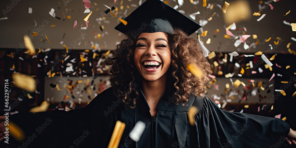 portrait of a graduate wearing a graduation gown and hat, celebrating with confetti steamers - obrazy, fototapety, plakaty 