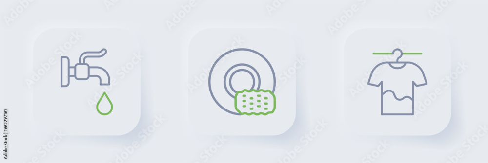 Set line Drying clothes, Washing dishes and Water tap icon. Vector Set line Drying clothes, Washing dishes and Water tap icon. Vector