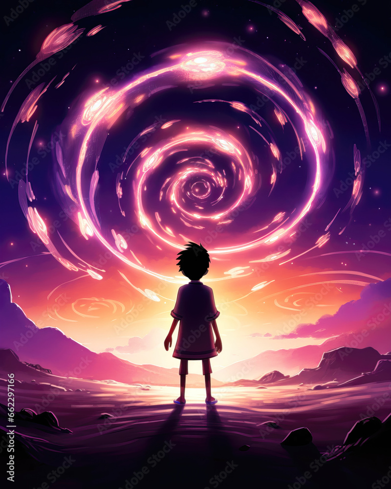 Silhouette of a little boy looking at a beautiful spiral in the sky