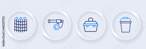 Set line Fishing bucket, Case or box for fishing equipment, rod and net pattern icon. Vector