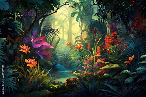 Fototapeta Naklejka Na Ścianę i Meble -  Seamless pattern background of a lush forest scene. Tropical jungle concept