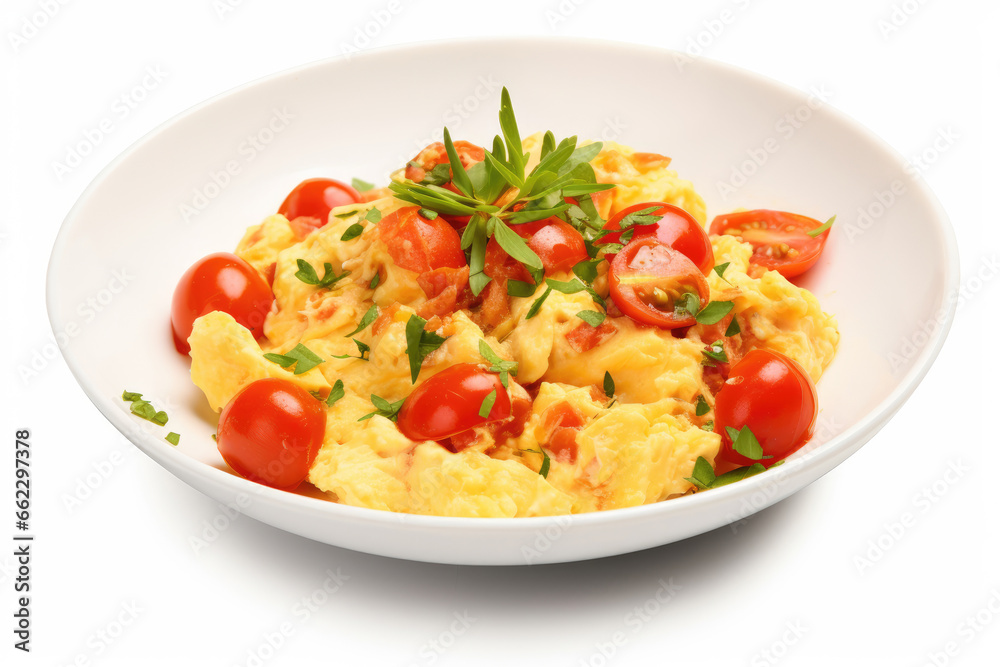 Dish of Scrambled eggs with tomatoes on a white background