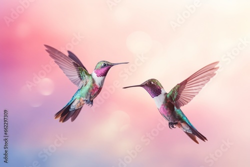 a picturesque photo of several small colorful birds hummingbird with tiny wings and long beaks flying in the gradient sky among flowers