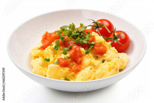 Dish of Scrambled eggs with tomatoes on a white background