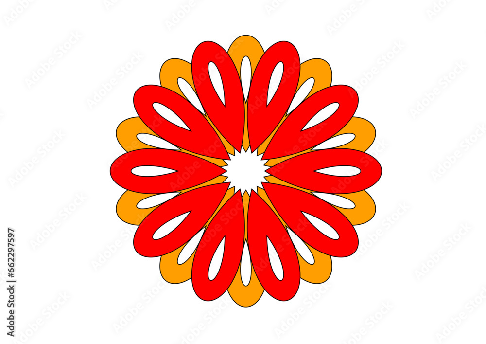 einfach gestaltete rosette aus symmetrisch angeordneten tropfenförmigen roten und gelben elementen, abstraktes modernes design