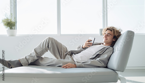 Relaxed young man lying on a sofa with a mobile phone © Sattawat