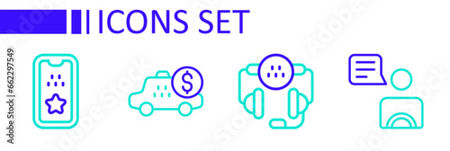 Set line Taxi driver, call telephone service, Taximeter device and mobile app icon. Vector
