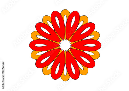 einfach gestaltete rosette aus symmetrisch angeordneten tropfenförmigen roten und gelben elementen, abstraktes modernes design
