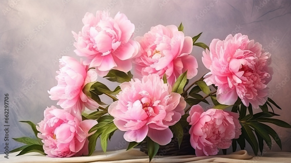  a painting of pink peonies on a white cloth.  generative ai