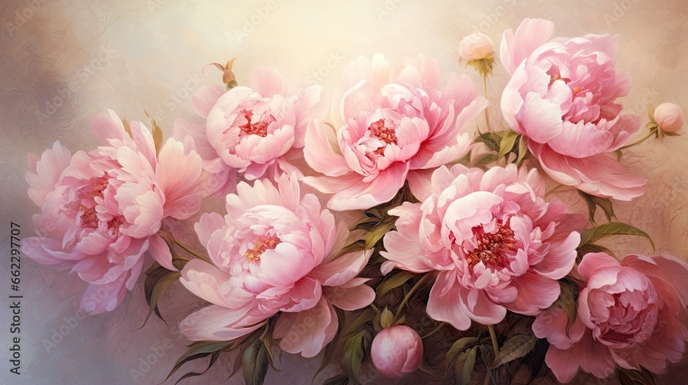  a painting of pink peonies on a white background.  generative ai