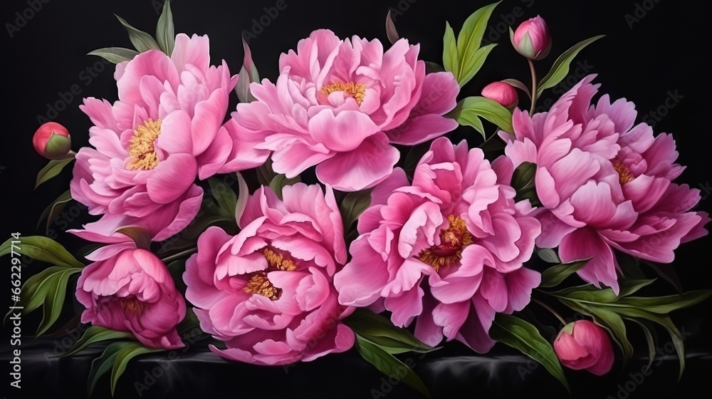  a painting of pink flowers with green leaves on a black background.  generative ai