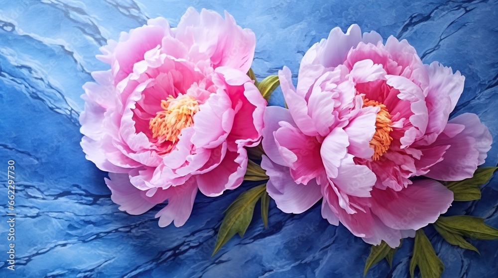  two large pink flowers on a blue background with leaves and stems.  generative ai - obrazy, fototapety, plakaty 