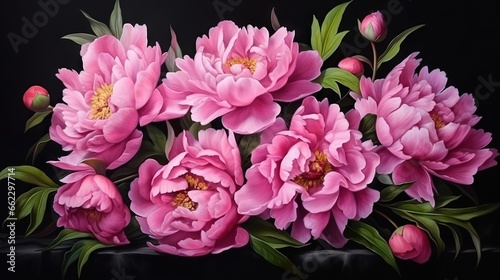  a painting of pink flowers with green leaves on a black background. generative ai