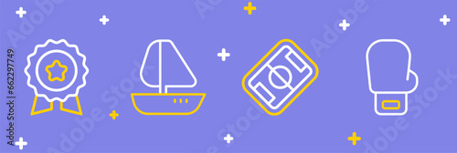 Set line Boxing glove, Football field, Yacht sailboat and Medal with star icon. Vector