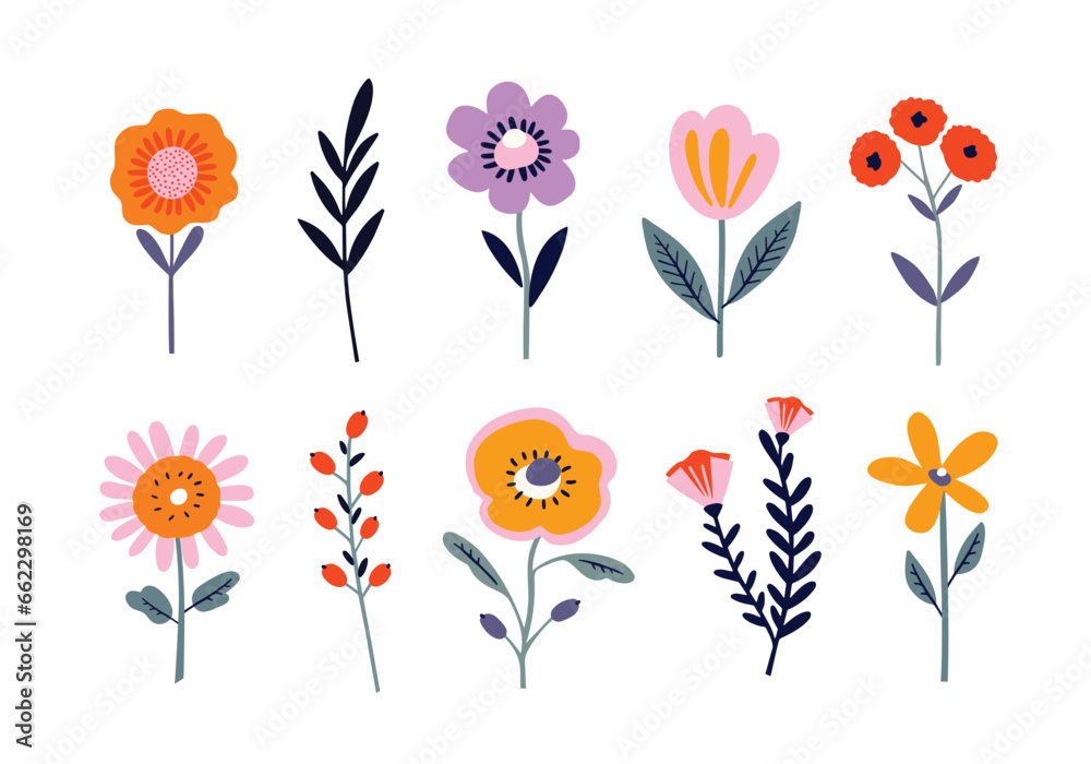 Set of vector illustrations of flowers in doodle style on a white background. for design and invitations.	