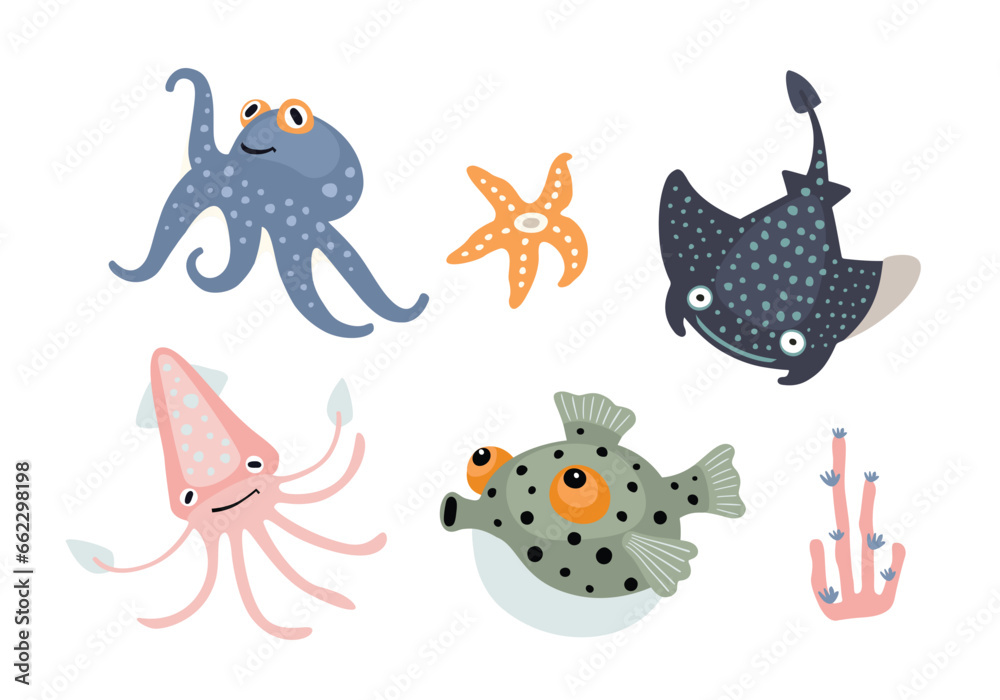 Set of cute cartoon underwater animals. Vector illustration isolated on white background.
