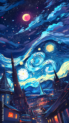 Hand drawn cartoon anime beautiful night starry sky illustration
