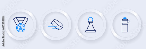 Set line Fitness shaker, Chess, Hockey puck and Medal icon. Vector