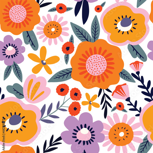 Seamless floral pattern with flowers and leaves. Vector illustration.