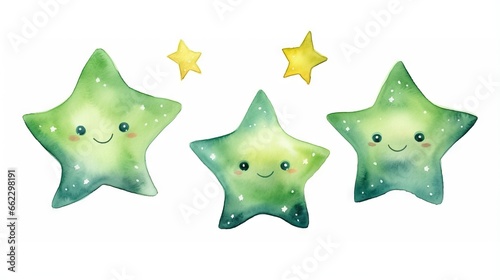  three green stars with smiling faces and stars on them, one is yellow and the other is green. generative ai