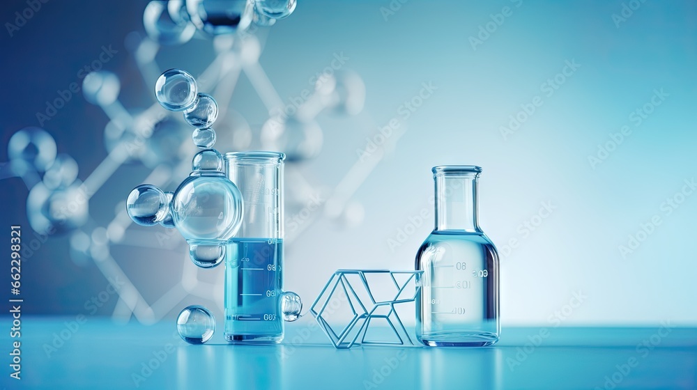 a group of glass beakles with a structure in the background. generative ai a group of glass beakles with a structure in the background. generative ai