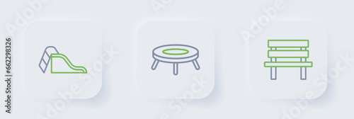 Set line Bench, Jumping trampoline and Slide playground icon. Vector