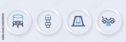 Set line Swing car, for kids, Hopscotch and Jumping trampoline icon. Vector