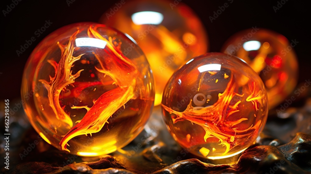 a close up of three glass balls with fire in them. generative ai a close up of three glass balls with fire in them. generative ai