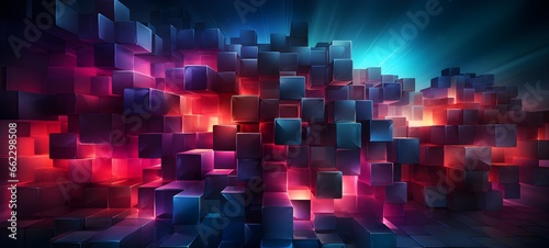 Blue and lilac blocks with neon lines and glowing background futuristic illustration abstract 3d geometric shapes, cyberspace technology concept business web design Generative AI © merabbi