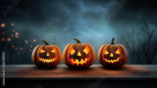  three carved jack o lantern pumpkins sitting on a table. generative ai