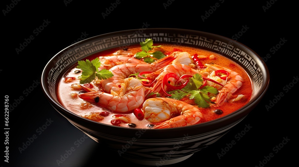  a bowl of soup with shrimp and garnishes.  generative ai