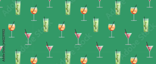 pattern Cocktails collection, alcoholic and non-alcoholic summer drinks with ice cubes of lemon, lime, and mint. Whiskey with ice, tequila, vodka, sambuca, mojito. Vector illustration