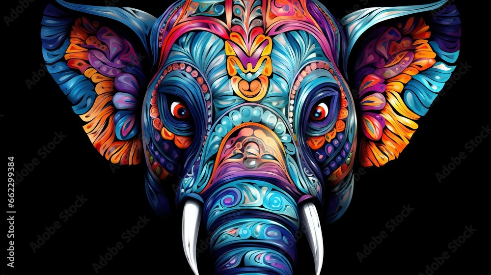  an elephant with a colorful pattern on it's face.  generative ai
