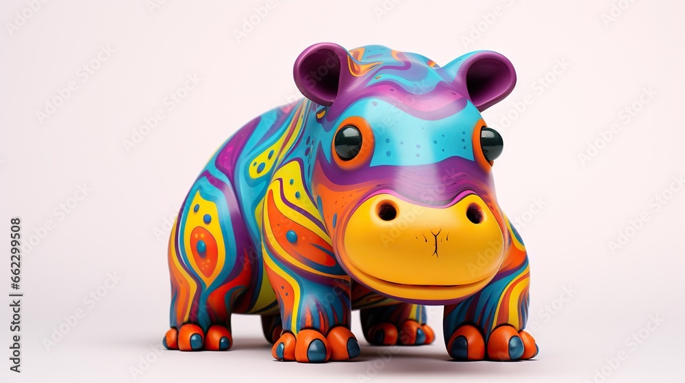  a colorful toy hippo is standing on a white surface.  generative ai