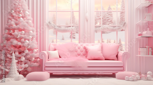 Living room in pink. Homemade Christmas in Barbie pink style. Banner. photo