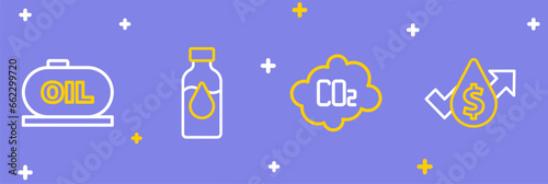 Set line Oil price increase, CO2 emissions cloud, petrol test tube and tank storage icon. Vector