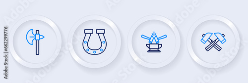 Set line Crossed hammer, Anvil and, Horseshoe and Medieval axe icon. Vector