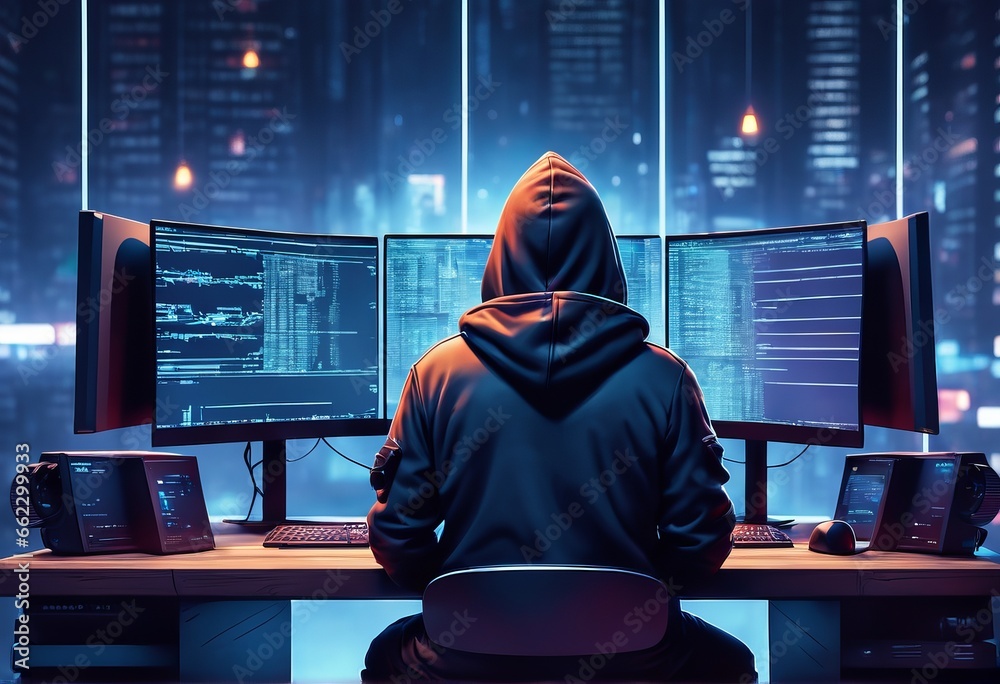 hacker with laptop computer and code on the background of the night ...