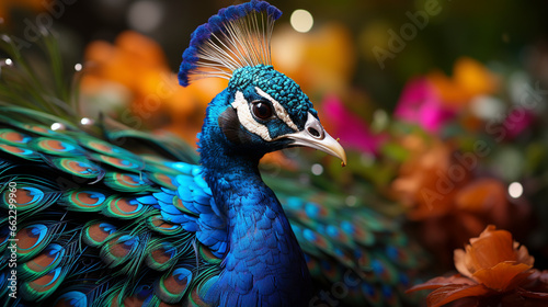 Portrait of beautiful peacock wth feathers out UHD wallpaper Stock Photographic Image photo
