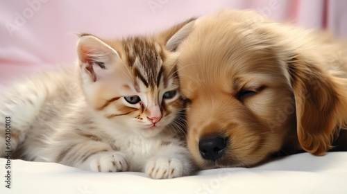 Adorable puppy and kitten lying together in a lovely embracing