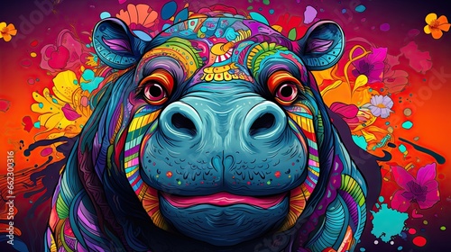  a colorful hippopotamus is featured in this colorful painting. generative ai